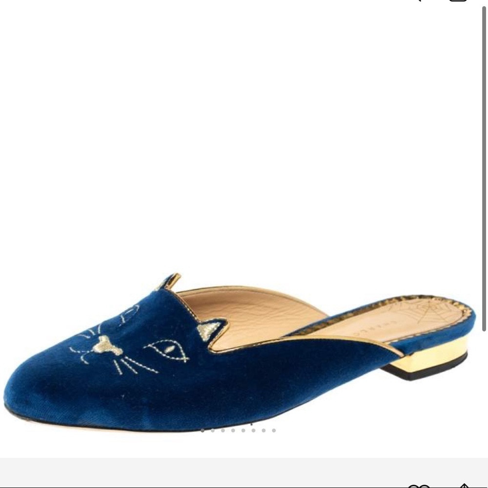 REDUCED💙💛Charlotte Olympia Blue Velvet Kitty Slipper Flats-Size37/6.5